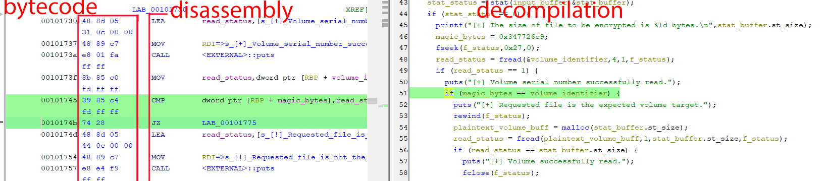 Comparing the disassembly and decompilation in Ghidra