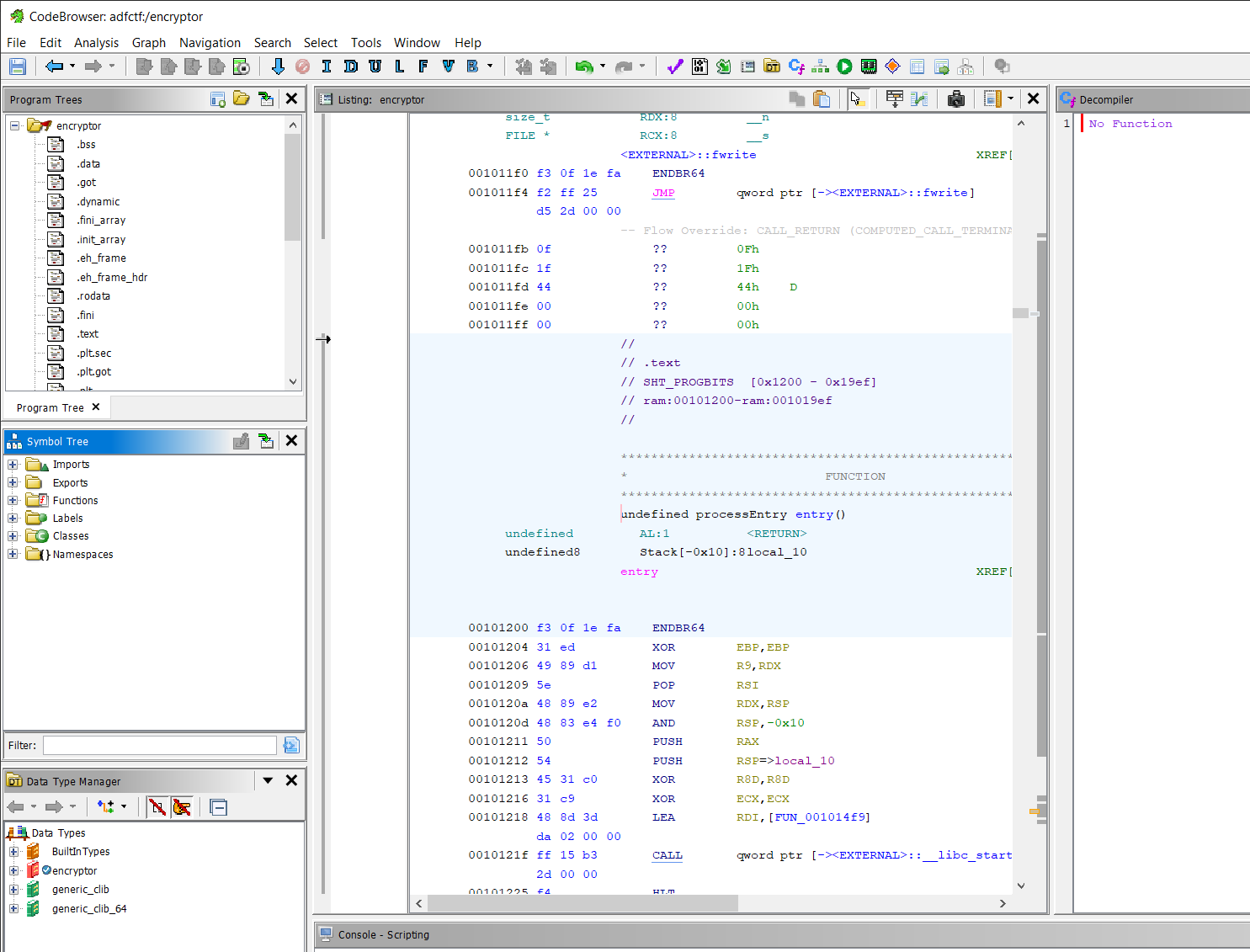 The code viewer landing page after we have analysed the binary.