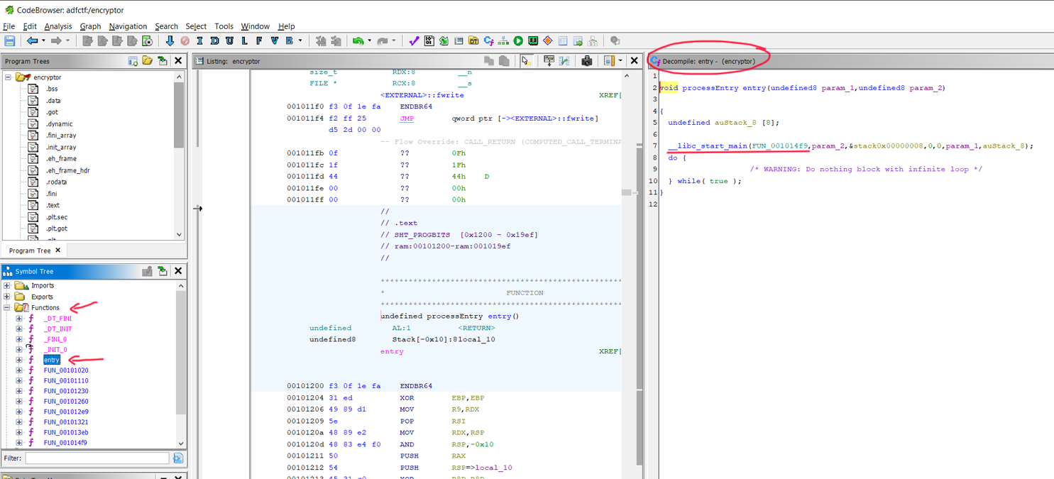 The code viewer decompiling the entry function.