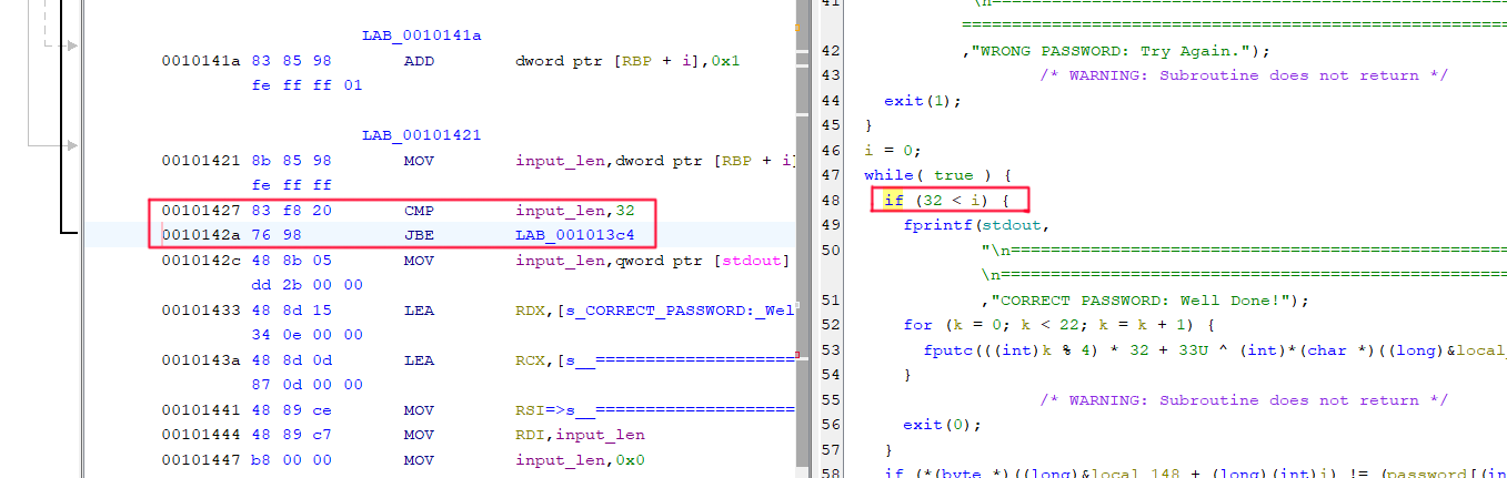 Ghidra, showing the if condition and its corresponding assembly and bytecode.