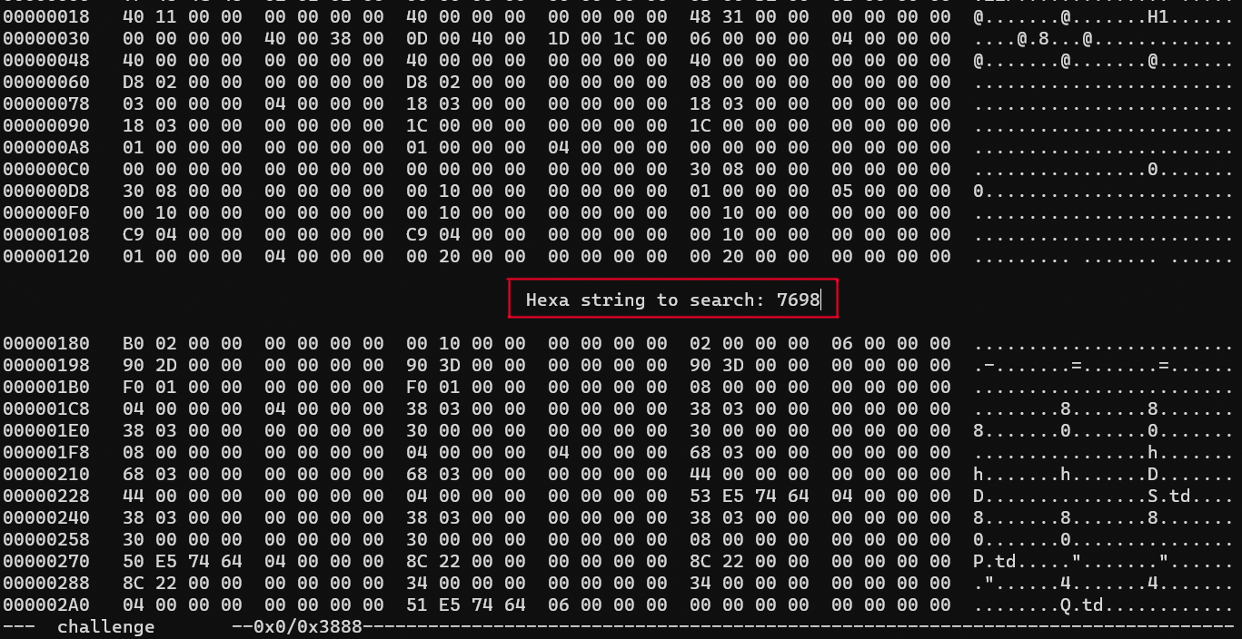 Hexedit, searching for 76 98.